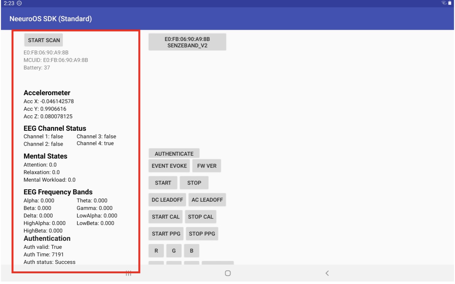 Image of the SenzeBand's status and information