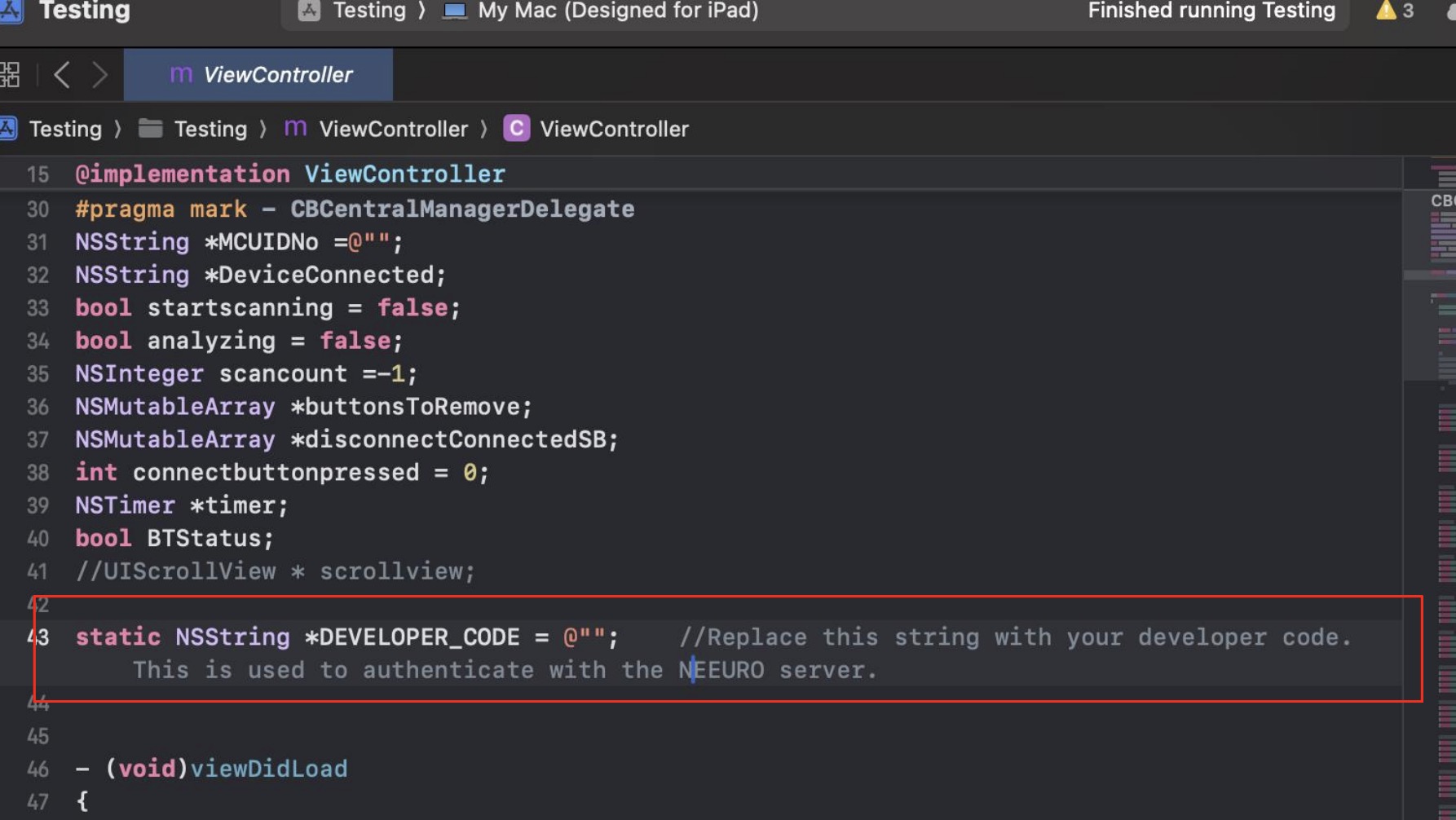 Image of entering your developer code into ViewController.m
