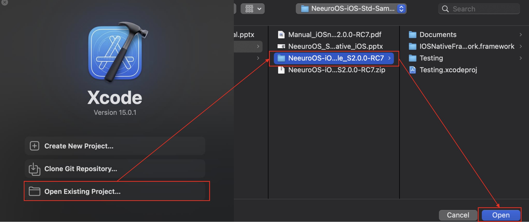 Image of how to open the sample Xcode project