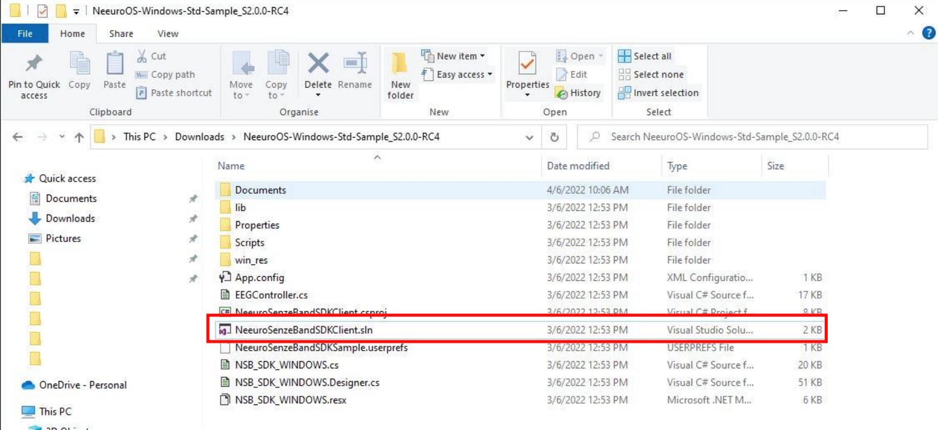 Image of the SDK folder with all the files inside: App.config, EEGController.cs, NeeuroSenzeBandSDKClient.csproj, NeeuroSenzeBandSDKClient.sln, NeeuroSenzeBandSDKSample.userprefs, NSB_SDK_WINDOWS.cs, NSB_SDK_WINDOWS.Designer.cs, NSB_SDK_WINDOWS.resx, and Documents, lib, Properties, Scripts and win_res folders