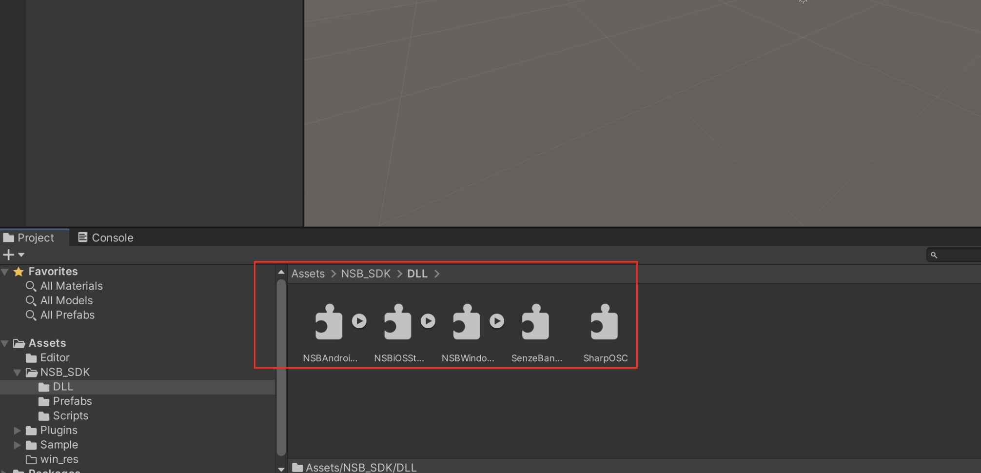 Image of NSBAndroidStandard.dll, NSBIOSStandard.dll, NSBWindowsStandard.dll and SenzeBandWindowsIPC_ClientDLL.dll in folder /Assets/NSB_SDK/DLL