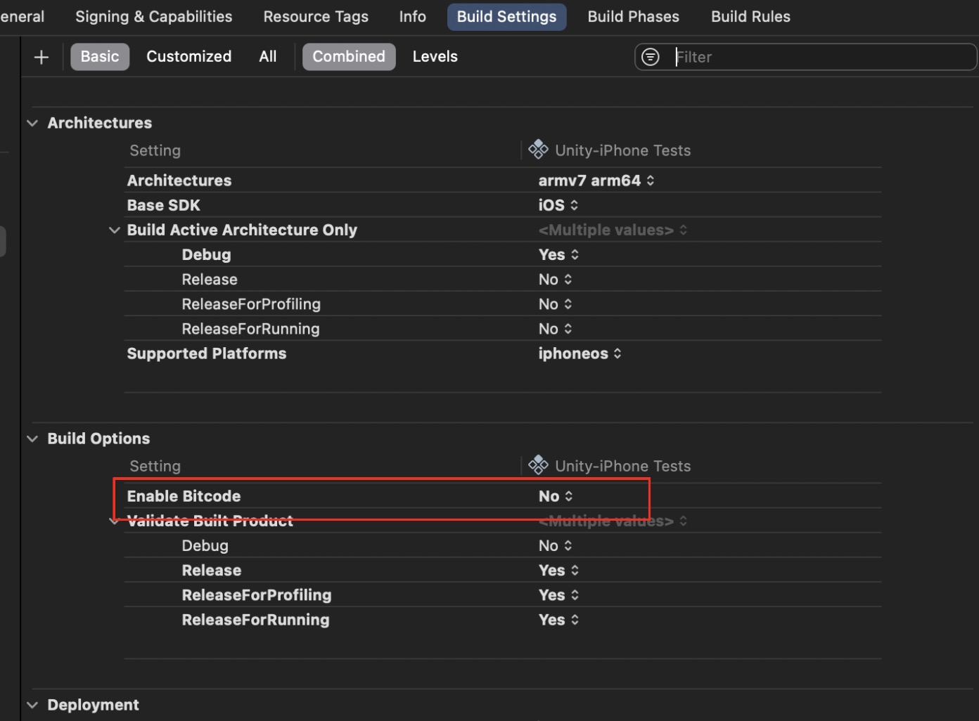 Image of how to disable Bitcode