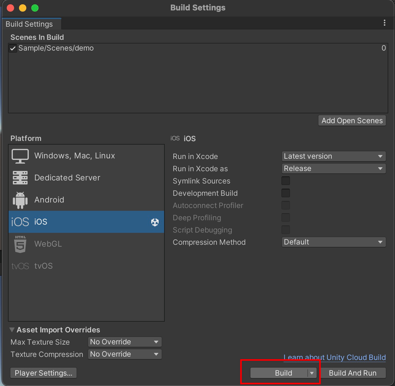 Image of how to change build settings