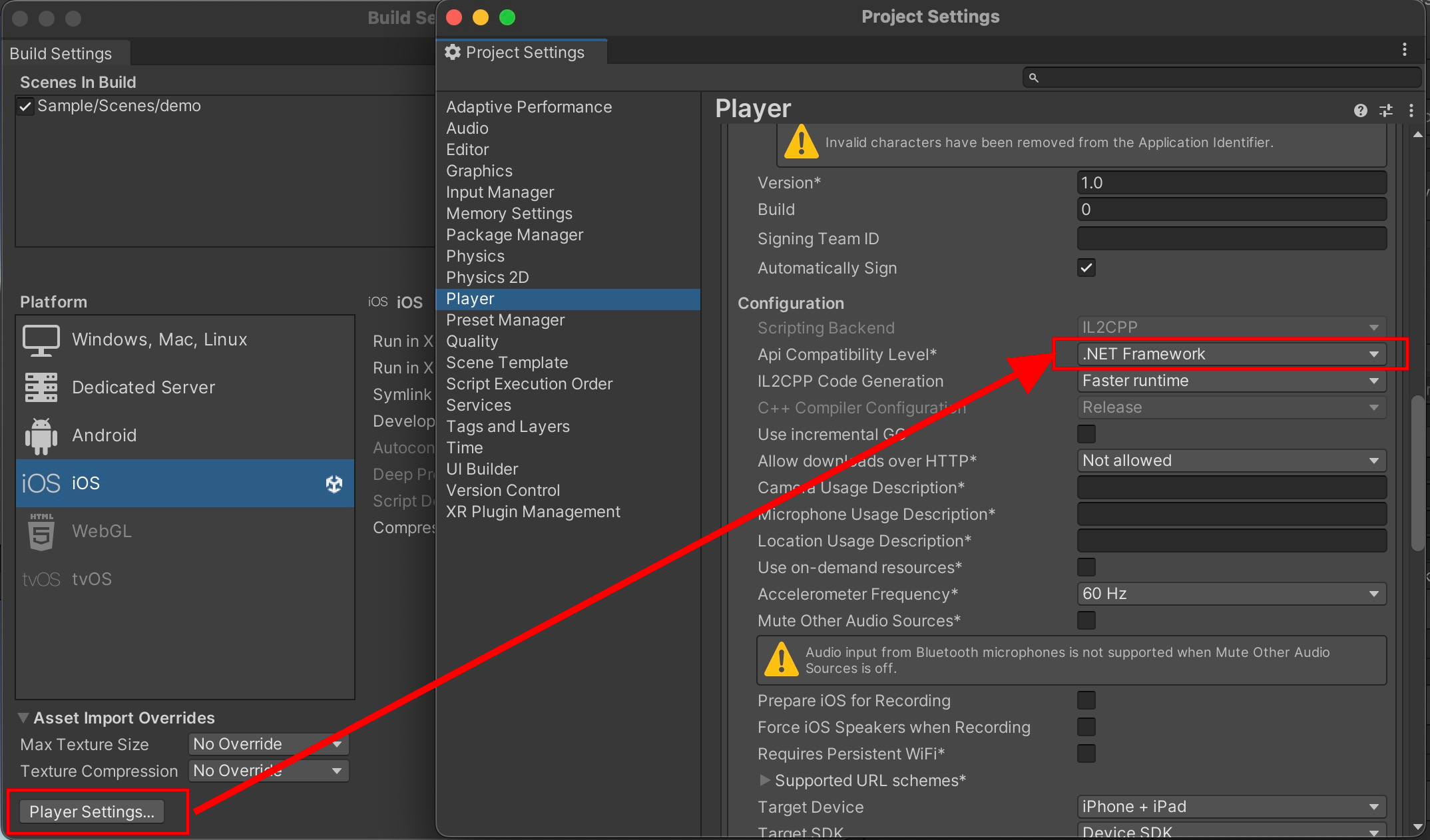 Image of how to change build settings