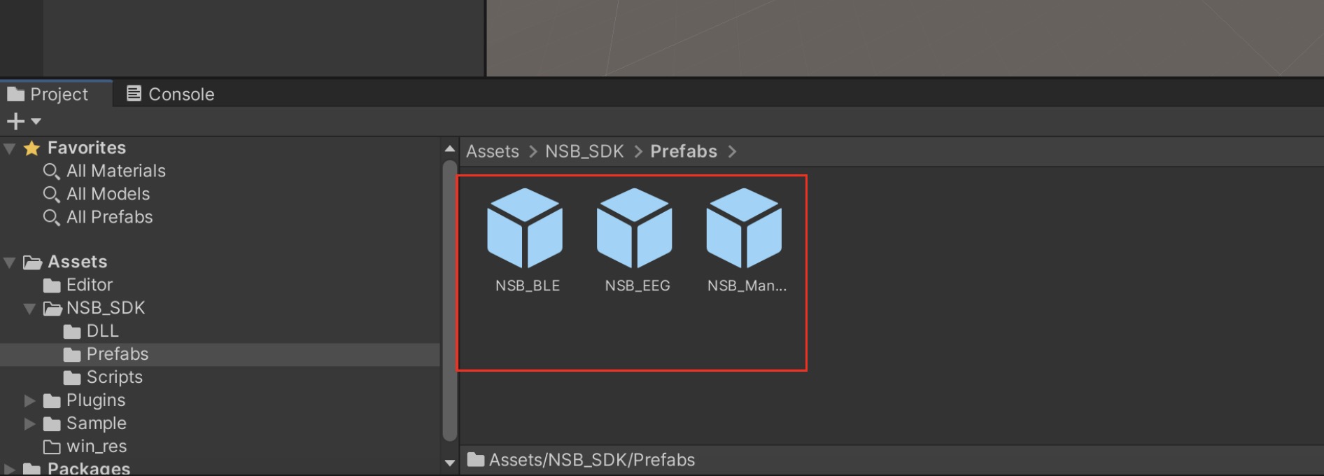 Image of prefabs "NSB_BLE", "NSB_EEG" and "NSB_Manager" in scene