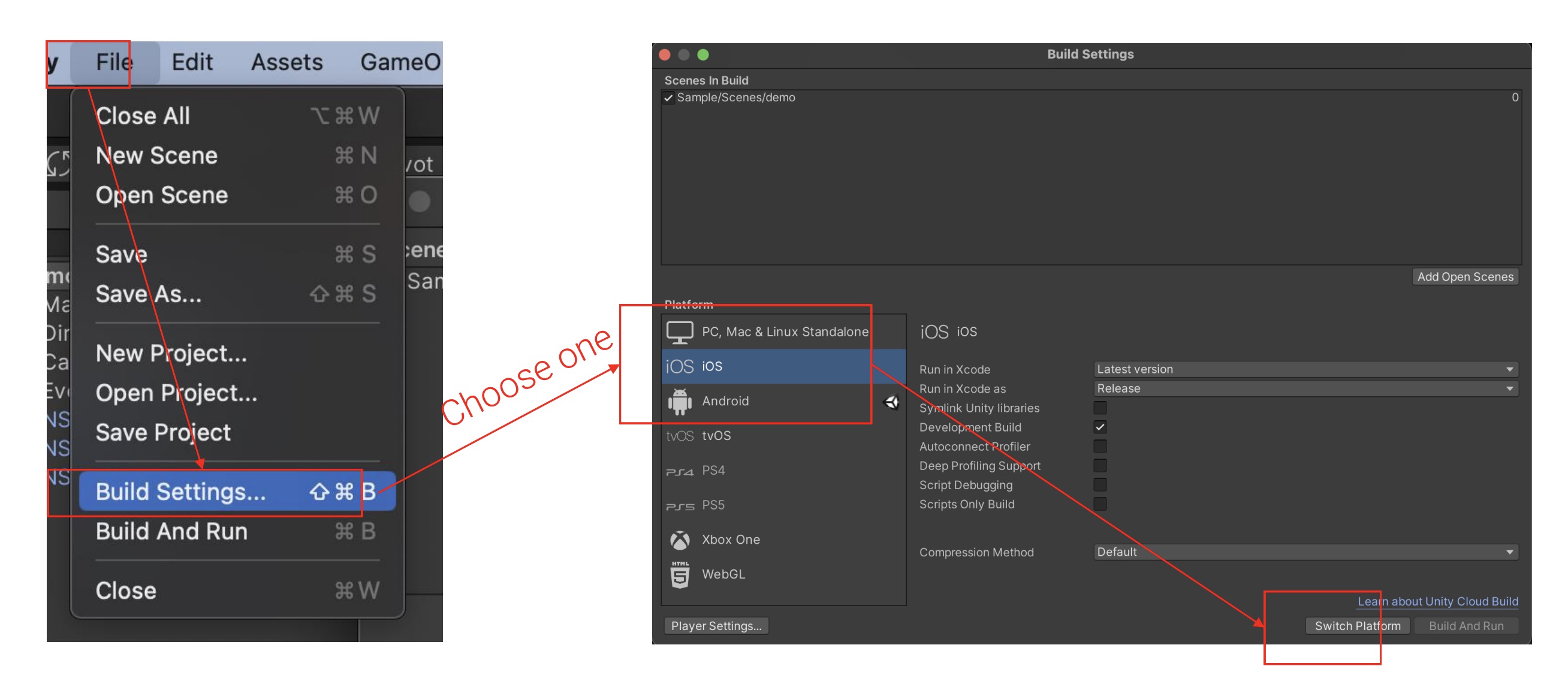 Image of how to switch platform on Unity