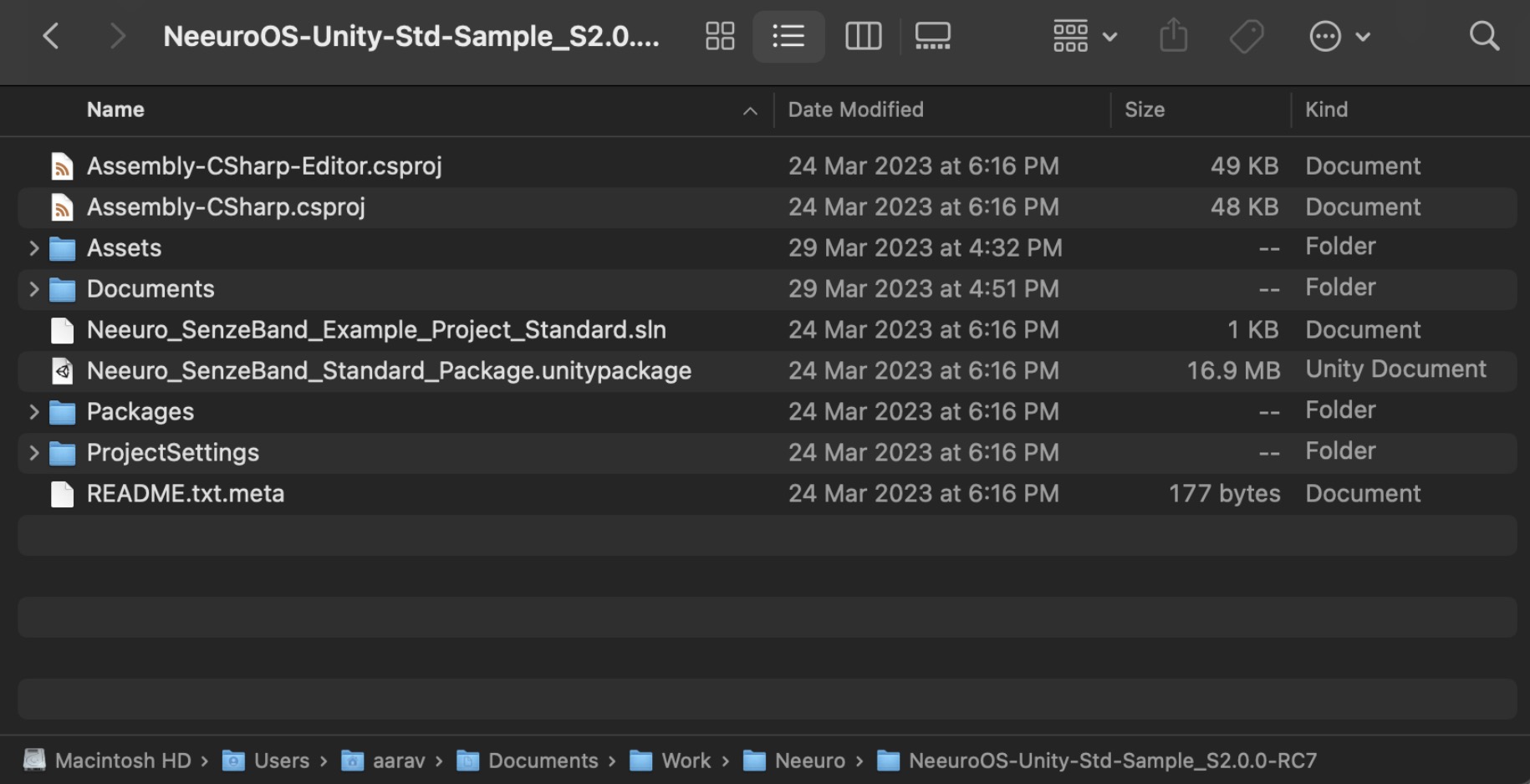 Image of the SDK folder with all the files inside: Assembly-CSharp-Editor.csproj, Assembly-CSharp.csproj, Neeuro_SenzeBand_Example_Project_Standard.sln, Neeuro_SenzeBand_Standard_Package.unitypackage, README.txt.meta, and Assets, Documents, Packages and ProjectSettings folders